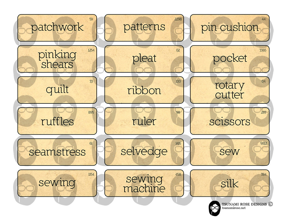 Junk Journal Labels, Printable Quote Set -8pg Digital Download- Sewing Ephemera, Ephemera Words, Scrapbook Titles, Fussy Cut, Sewing Journal