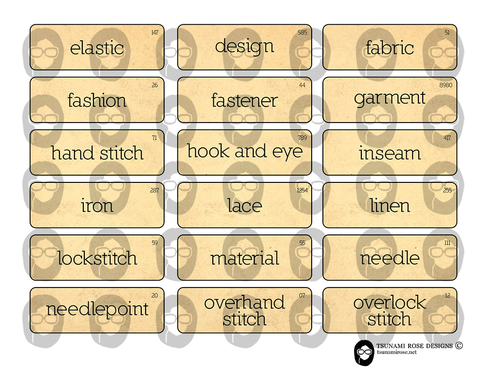 Junk Journal Labels, Printable Quote Set -8pg Digital Download- Sewing Ephemera, Ephemera Words, Scrapbook Titles, Fussy Cut, Sewing Journal