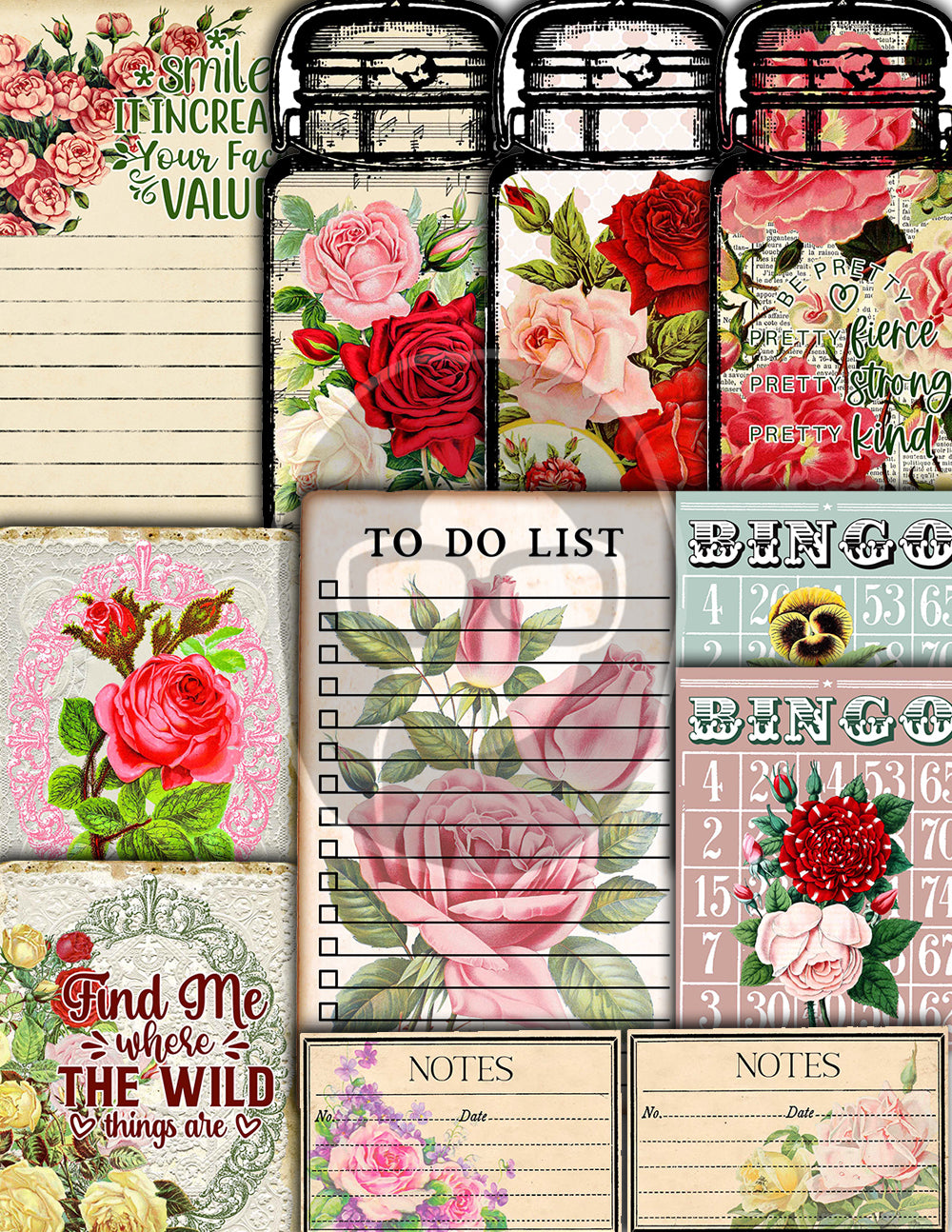 Vintage Junk Journal Kit, Printable Journal Bundle -40pg Digital Download- Affirmations Kit, Positive Quotes, Journaling Vintage Ephemera