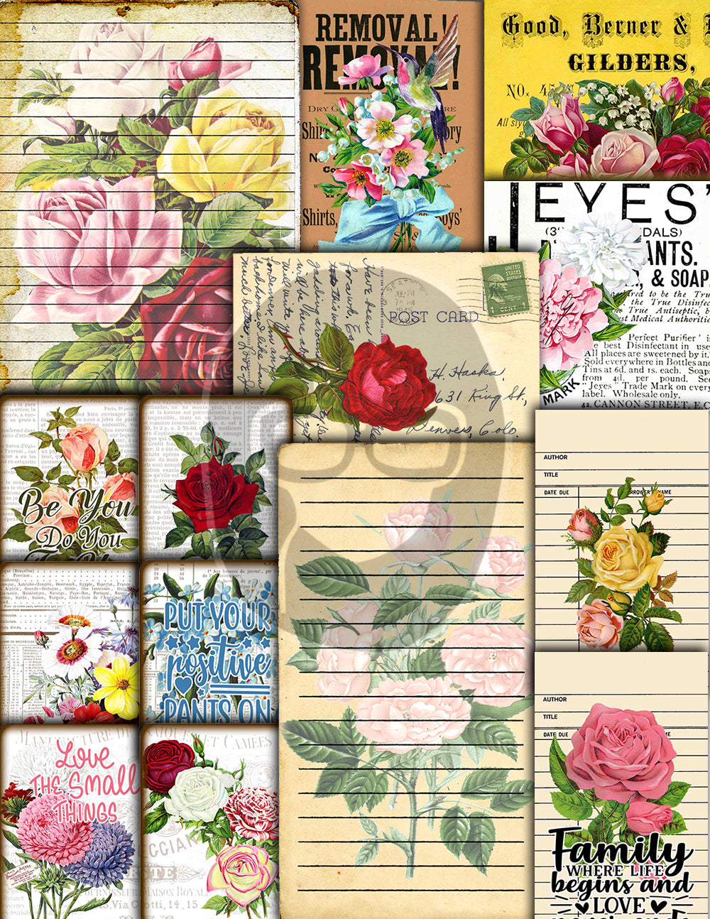 Vintage Junk Journal Kit, Printable Journal Bundle -40pg Digital Download- Affirmations Kit, Positive Quotes, Journaling Vintage Ephemera