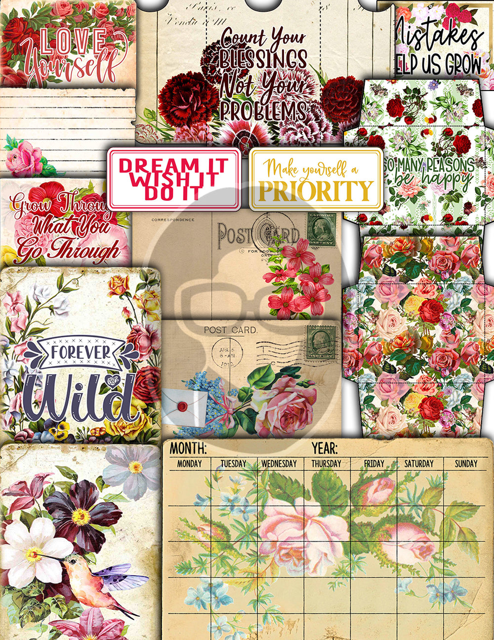 Vintage Junk Journal Kit, Printable Journal Bundle -40pg Digital Download- Affirmations Kit, Positive Quotes, Journaling Vintage Ephemera