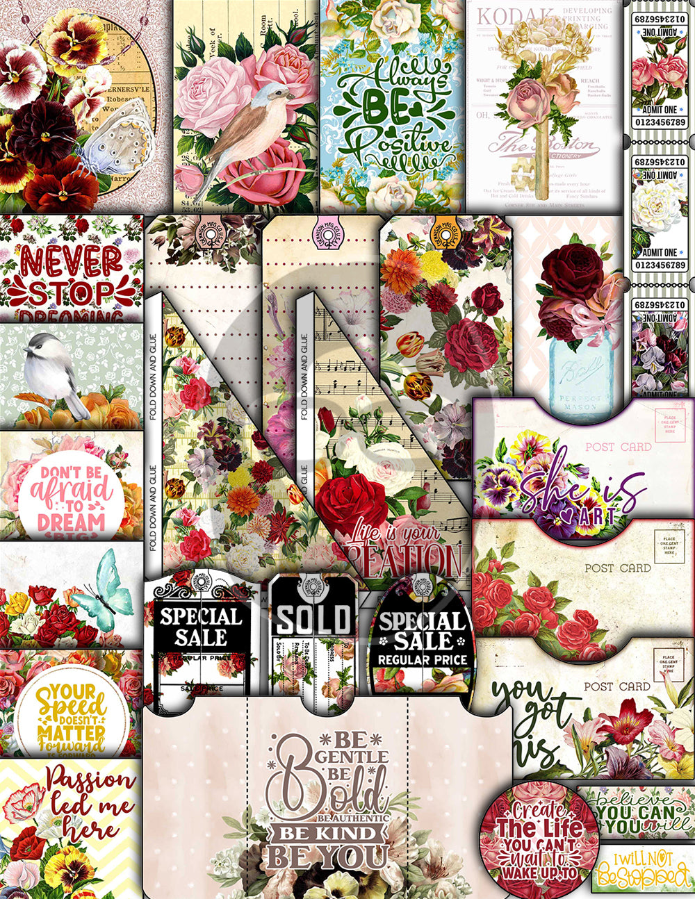 Vintage Junk Journal Kit, Printable Journal Bundle -40pg Digital Download- Affirmations Kit, Positive Quotes, Journaling Vintage Ephemera