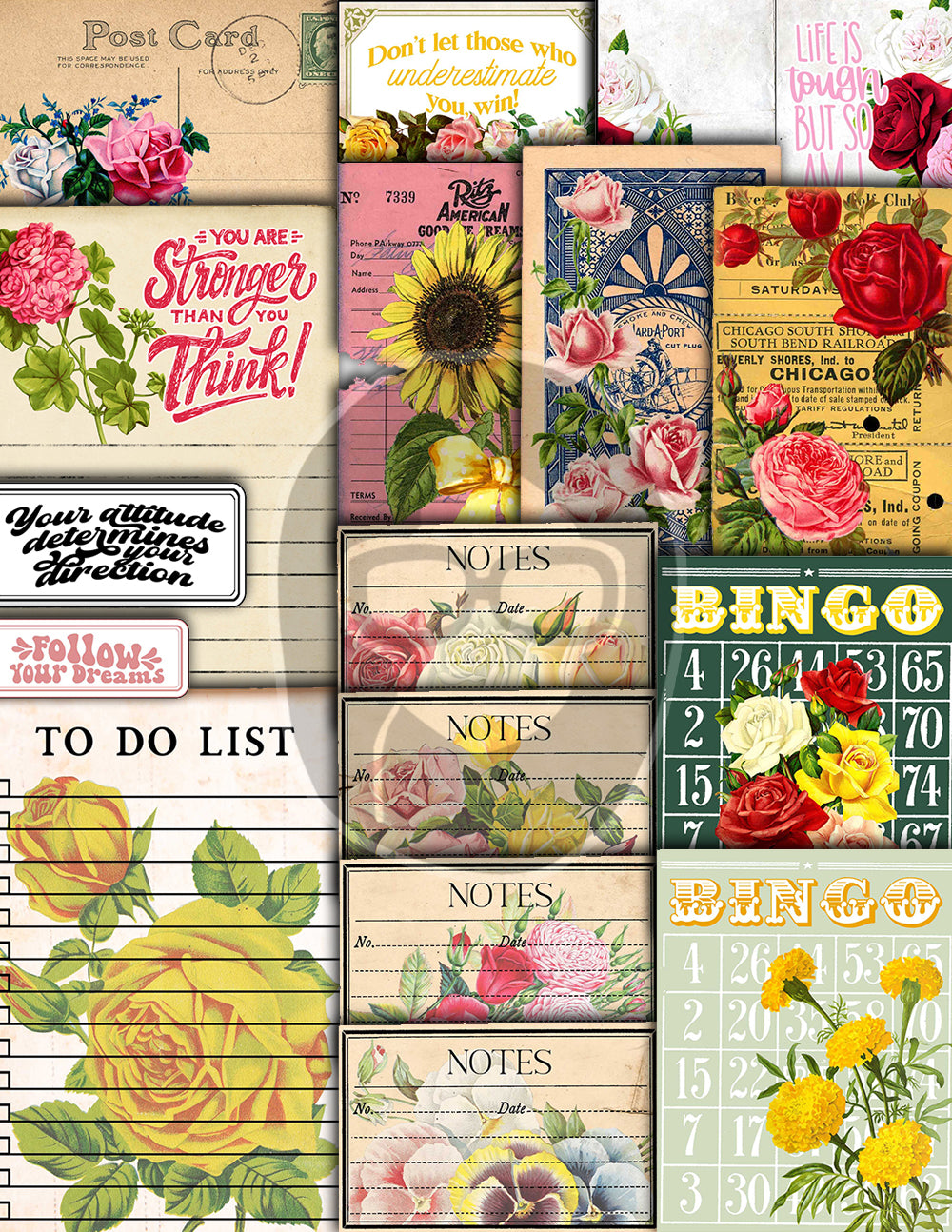 Vintage Junk Journal Kit, Printable Journal Bundle -40pg Digital Download- Affirmations Kit, Positive Quotes, Journaling Vintage Ephemera