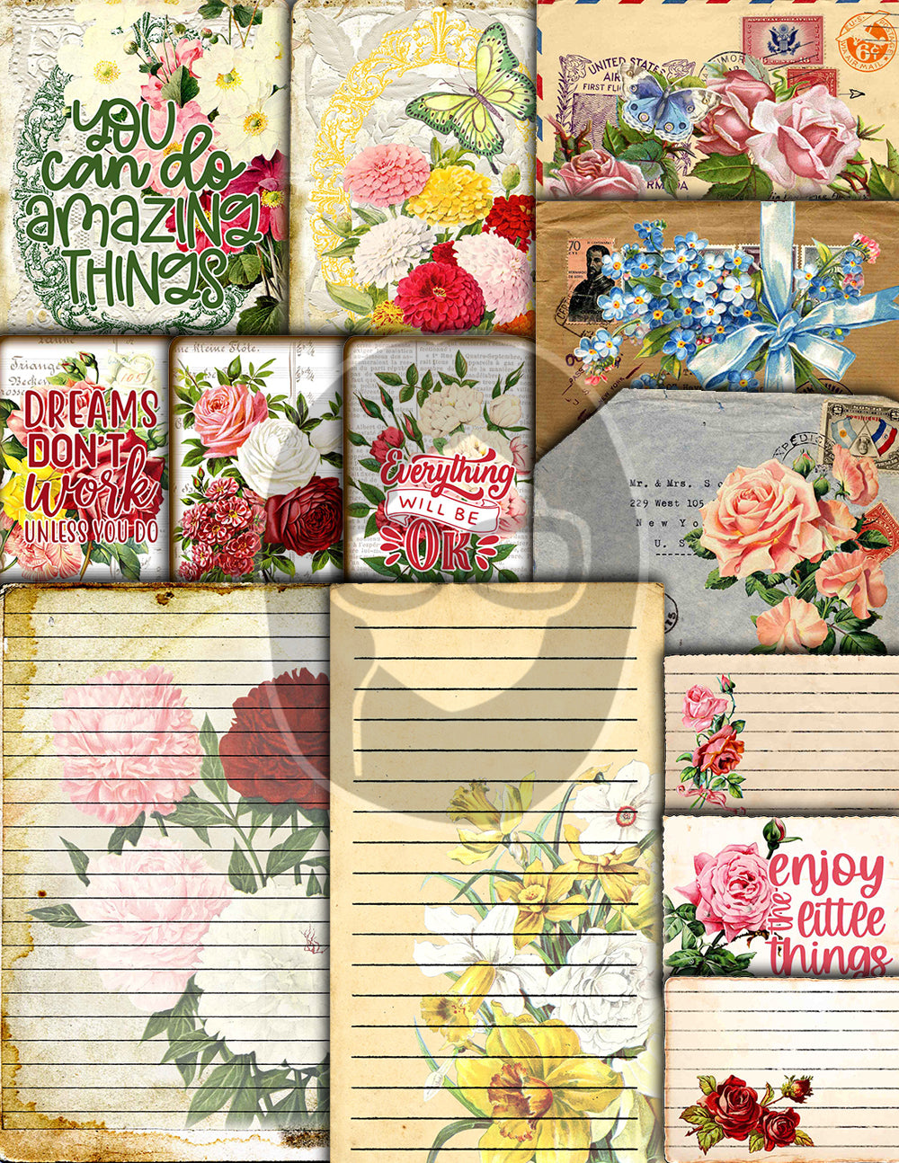 Vintage Junk Journal Kit, Printable Journal Bundle -40pg Digital Download- Affirmations Kit, Positive Quotes, Journaling Vintage Ephemera