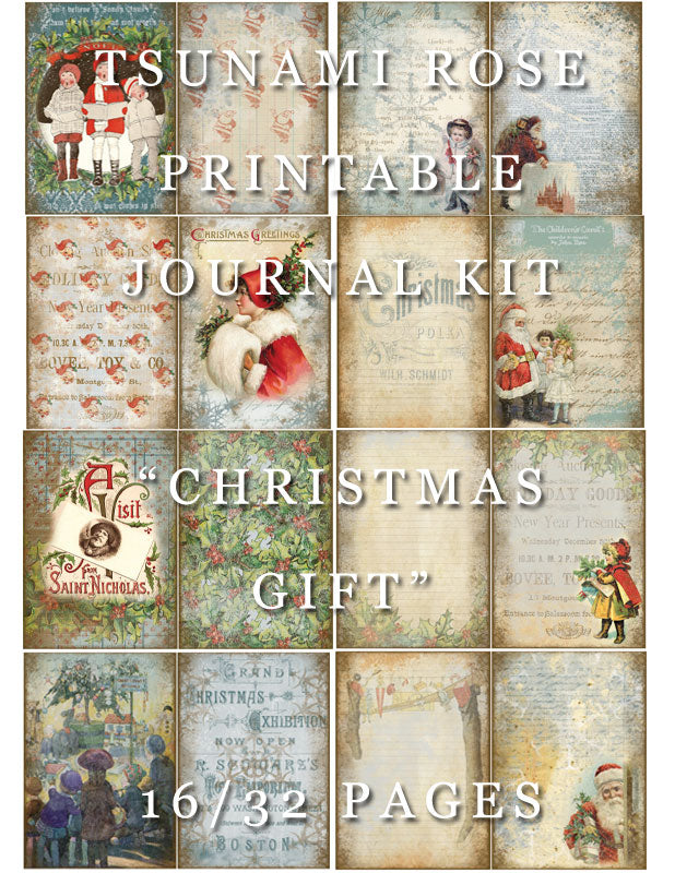 Junk Journal Kit - Christmas Gift - 27 Pg Instant Download - Holiday Holly Xmas vintage junk journal, Elegant Blue Winter Journal kit diy