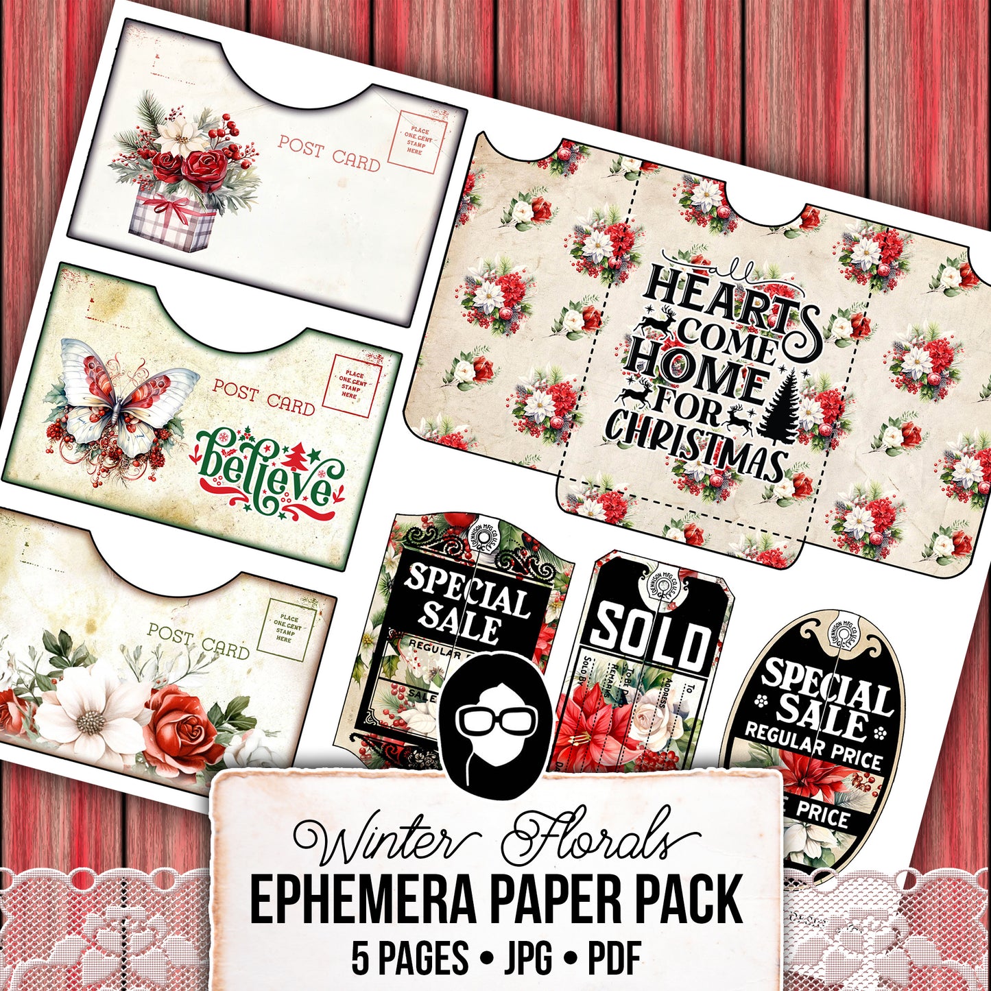 Christmas Printables, Ephemera Fussy Cuts -5pg Digital Download- Junk Journal DIY Kit, Pockets, Envelopes, Labels, Tags, Cards, Titles, Red
