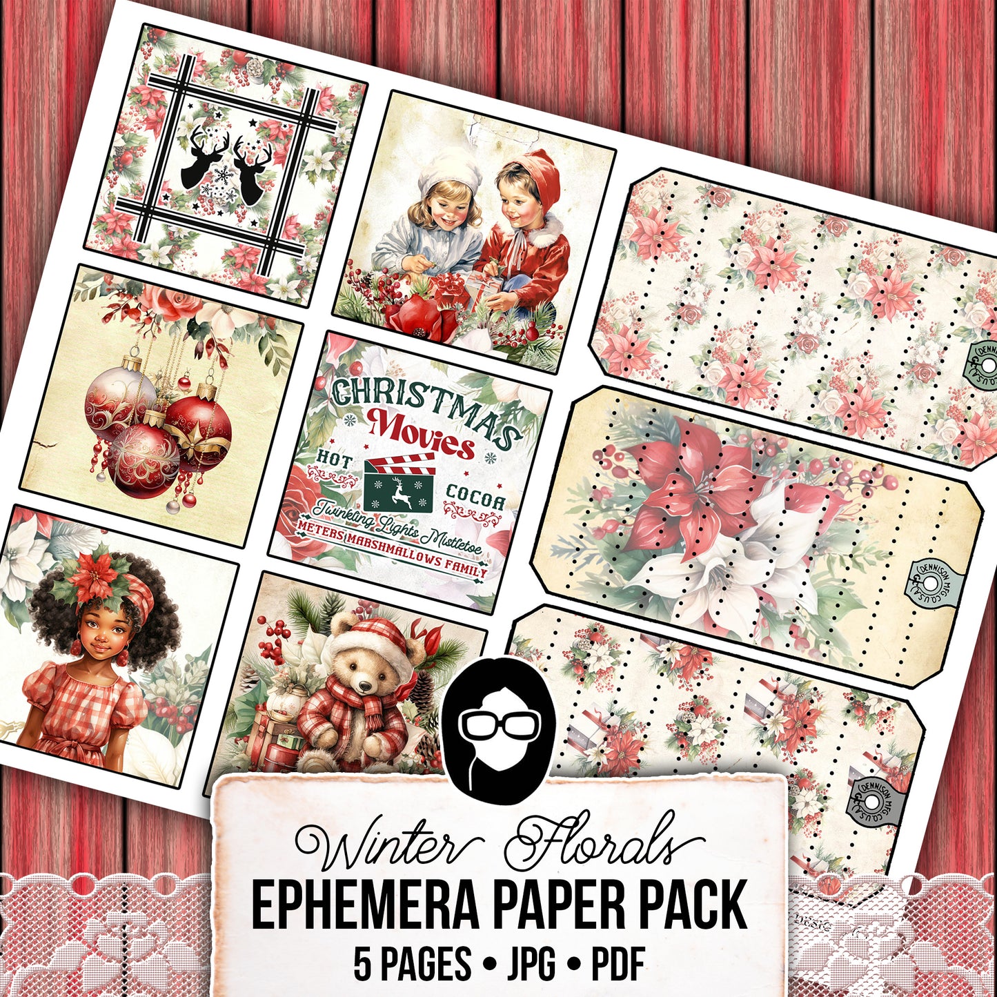 Christmas Printables, Ephemera Fussy Cuts -5pg Digital Download- Junk Journal DIY Kit, Pockets, Envelopes, Labels, Tags, Cards, Titles, Red