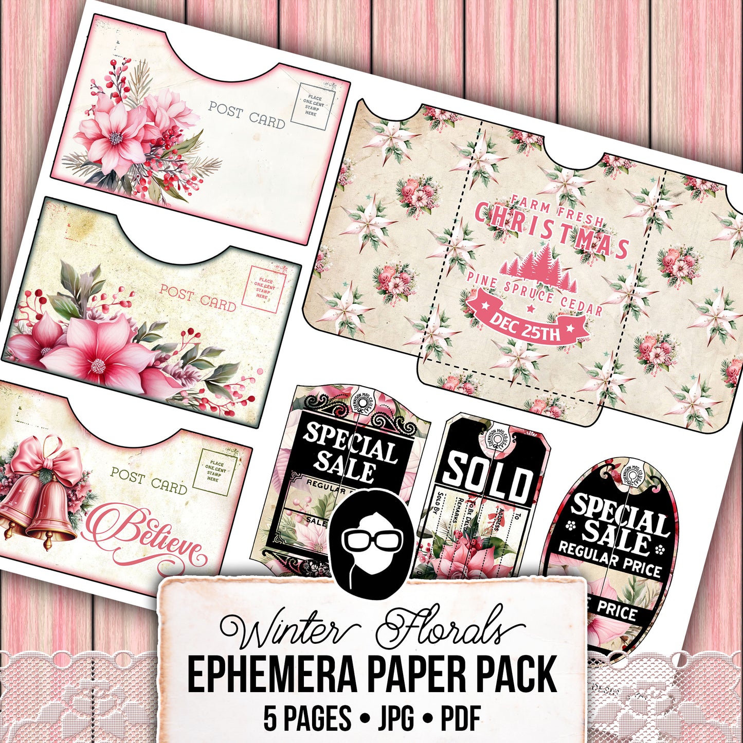 Pink Christmas Printable, Ephemera Fussy Cuts -5pg Digital Download- Junk Journal DIY Kit, Pockets, Envelopes, Labels, Tags, Cards, Titles