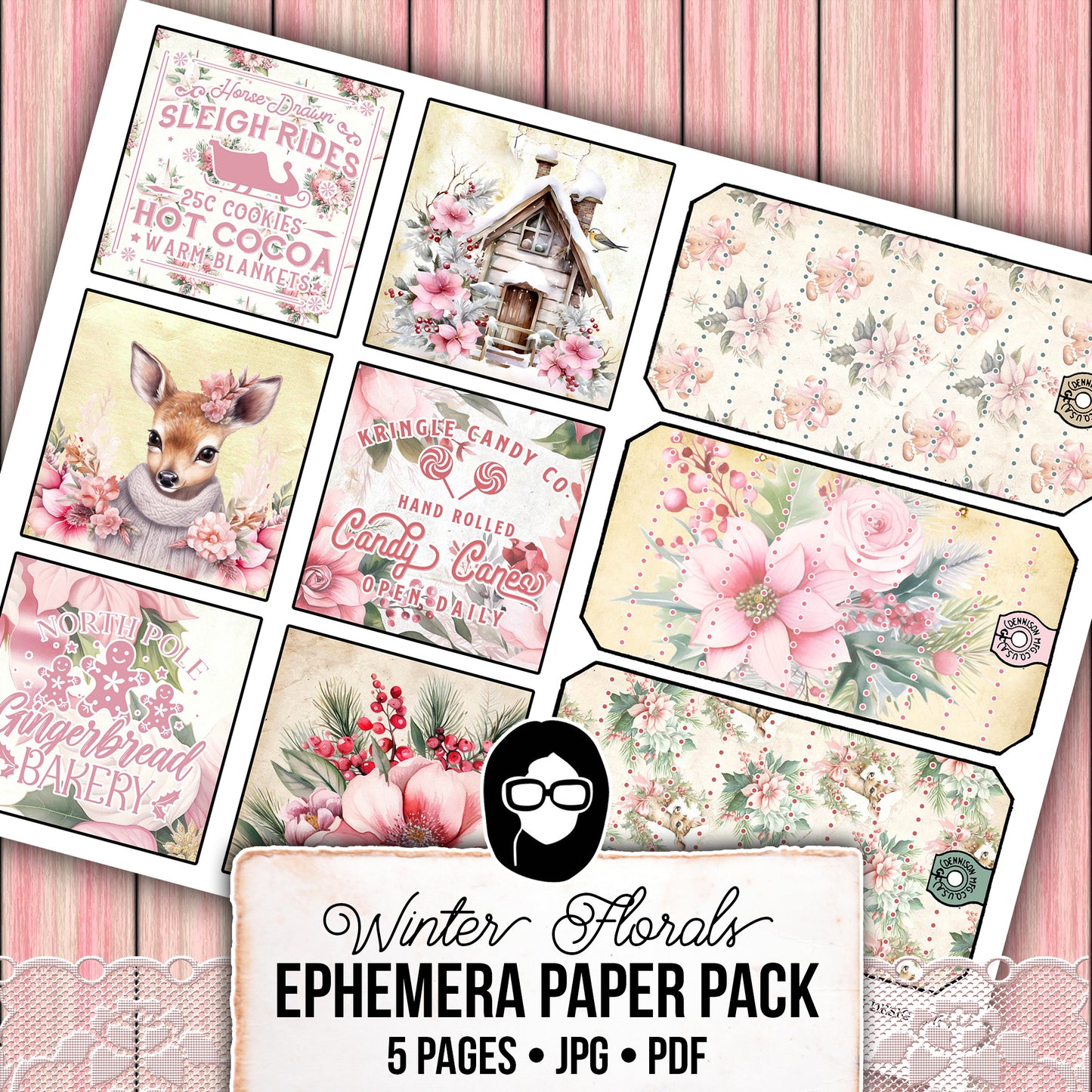 Pink Christmas Printable, Ephemera Fussy Cuts -5pg Digital Download- Junk Journal DIY Kit, Pockets, Envelopes, Labels, Tags, Cards, Titles