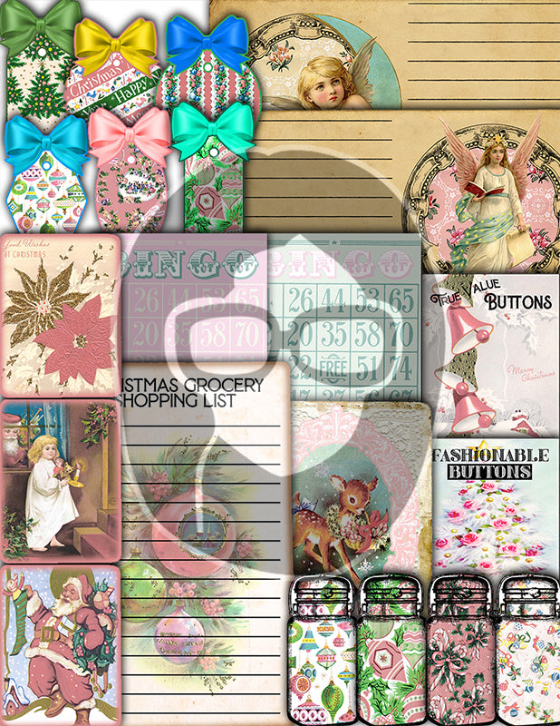 Pink Christmas Journal Kit, Ephemera Bundle -40pg Digital Download- Journaling Card Printable, Xmas Tag, Bingo, Envelopes, Tickets, Art Kit