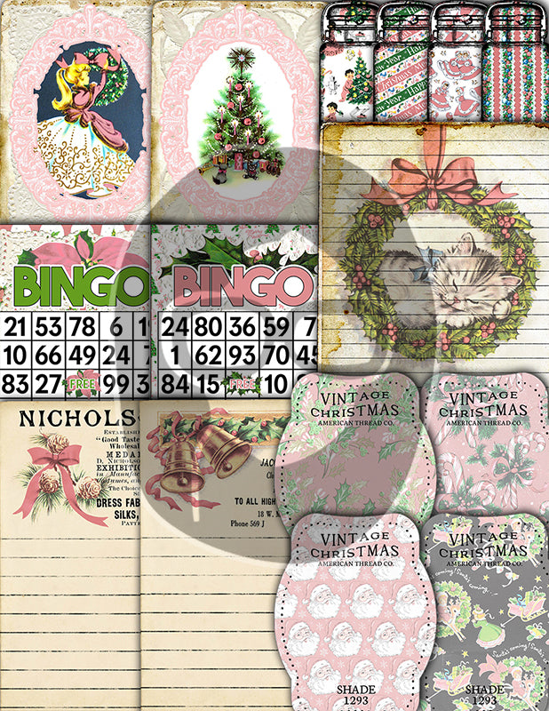 Pink Christmas Journal Kit, Ephemera Bundle -40pg Digital Download- Journaling Card Printable, Xmas Tag, Bingo, Envelopes, Tickets, Art Kit