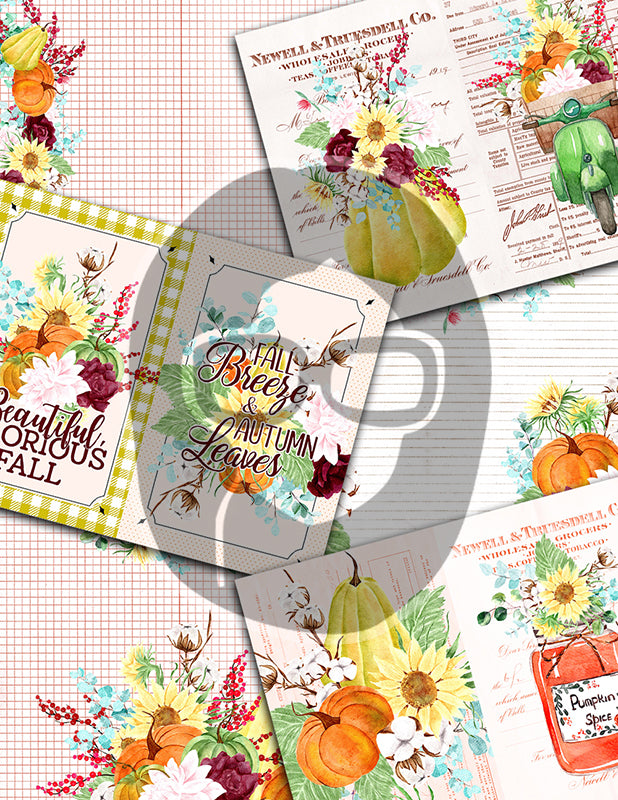 Fall Digital Paper, Autumn Journal Kit -40pg Digital Download- Thanksgiving Pumpkin, Fall Harvest, Sunflower Clipart, Fall Journaling Kit