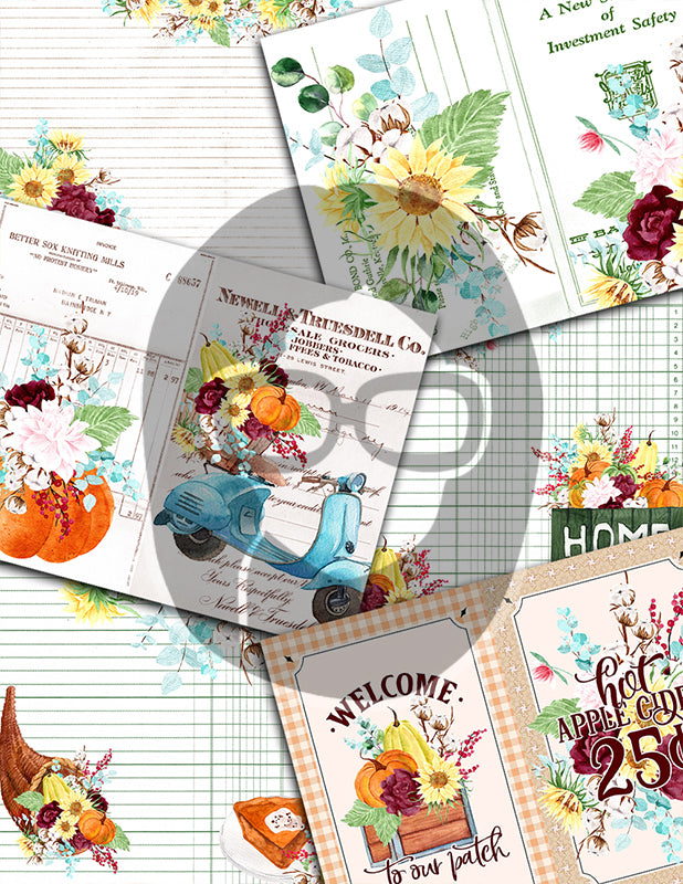 Fall Digital Paper, Autumn Journal Kit -40pg Digital Download- Thanksgiving Pumpkin, Fall Harvest, Sunflower Clipart, Fall Journaling Kit