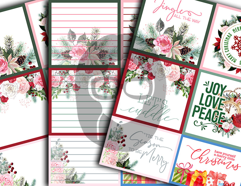 Journaling Spot Printables, Christmas Junk Journal Ephemera -18pg Digital Download- Christmas Quotes, Pink Christmas, Lined Paper, Vintage