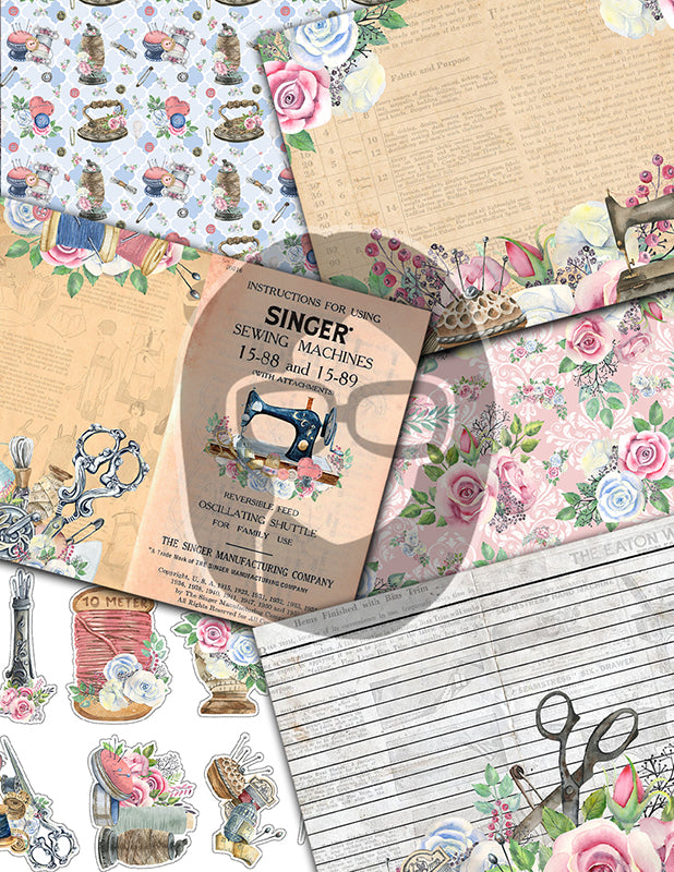 Sewing Junk Journal Printables, Sewing Digital Paper -40pg Digital Download- Sewing Ephemera, Pink Vintage Kit, Sewing Clipart, Shabby Chic
