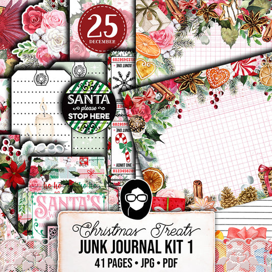 Christmas Junk Journal Kit, Pink Christmas Printable -41pg Digital Download- Journaling Pages, Word Labels, Holiday Notecards, Gift Tags