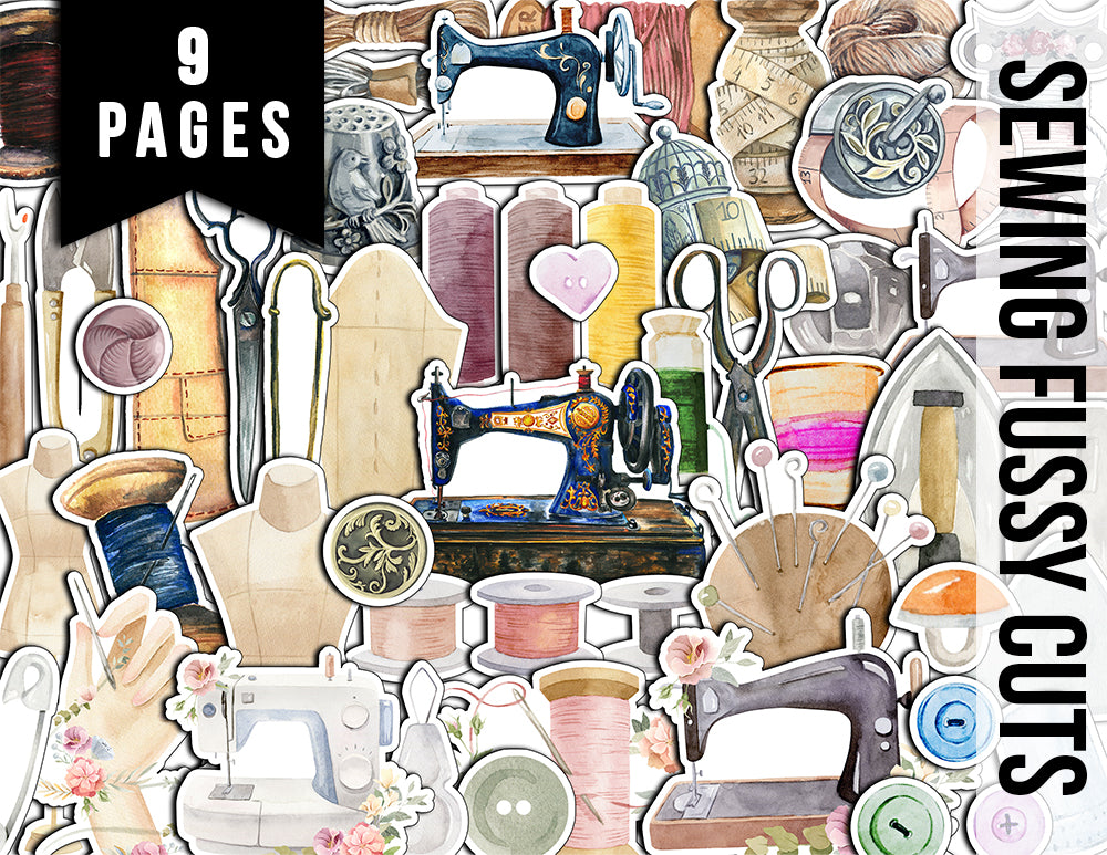 Sewing Clipart, Fussy Cut Ephemera -9pg Digital Download- Sewing Machine Antique, Collage Sheet Printable, Scrapbook Cutouts, Sew Graphics