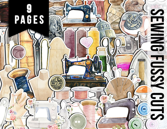 Sewing Clipart, Fussy Cut Ephemera -9pg Digital Download- Sewing Machine Antique, Collage Sheet Printable, Scrapbook Cutouts, Sew Graphics