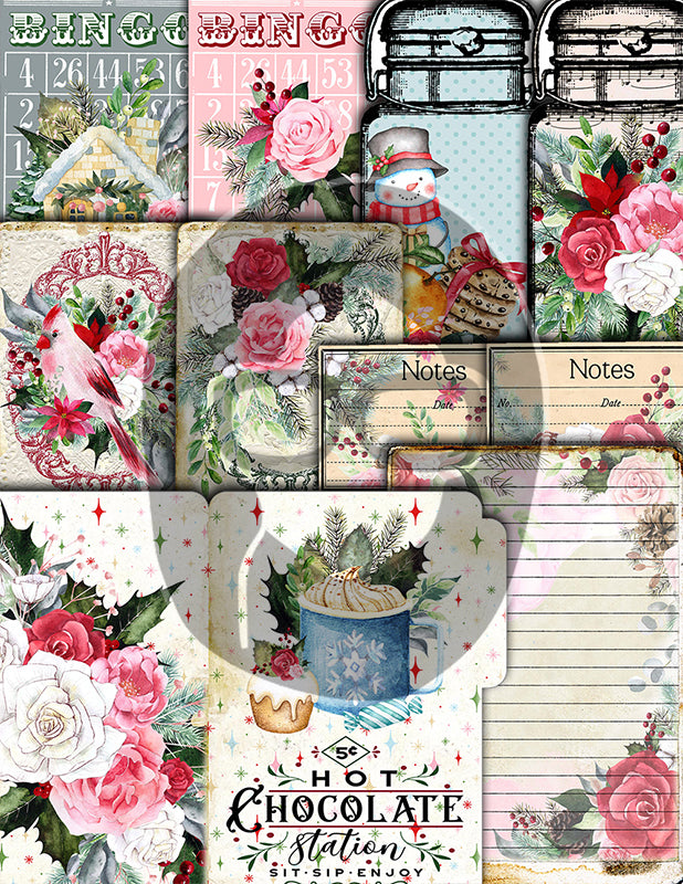 Christmas Junk Journal Kit, Pink Christmas Printable -41pg Digital Download- Journaling Pages, Word Labels, Holiday Notecards, Gift Tags