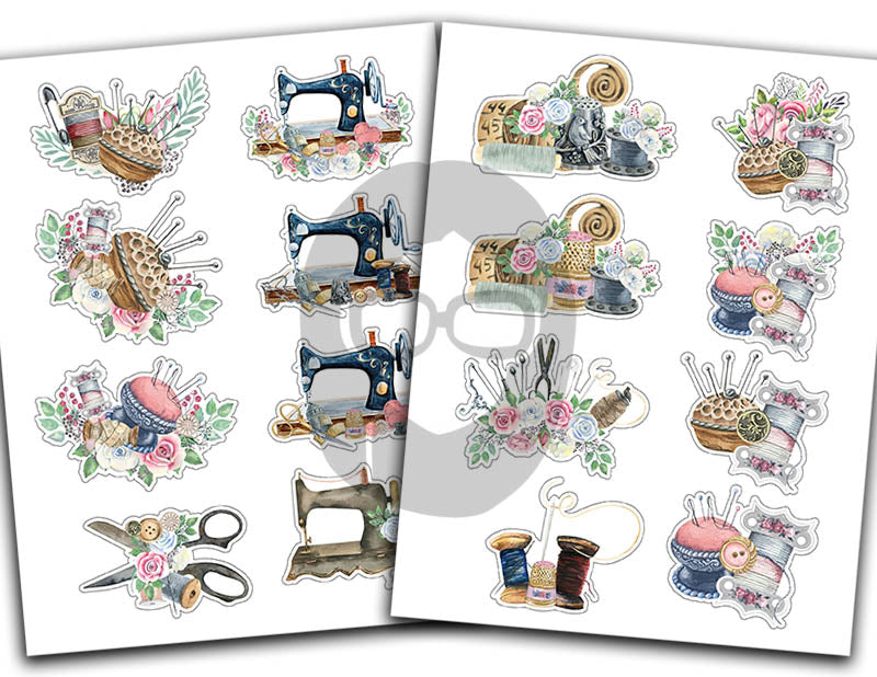 Sewing Clipart, Fussy Cut Ephemera -12pg Digital Download- Sewing Machine Antique, Collage Sheet Printable, Scrapbook Cutouts, Sew Graphics