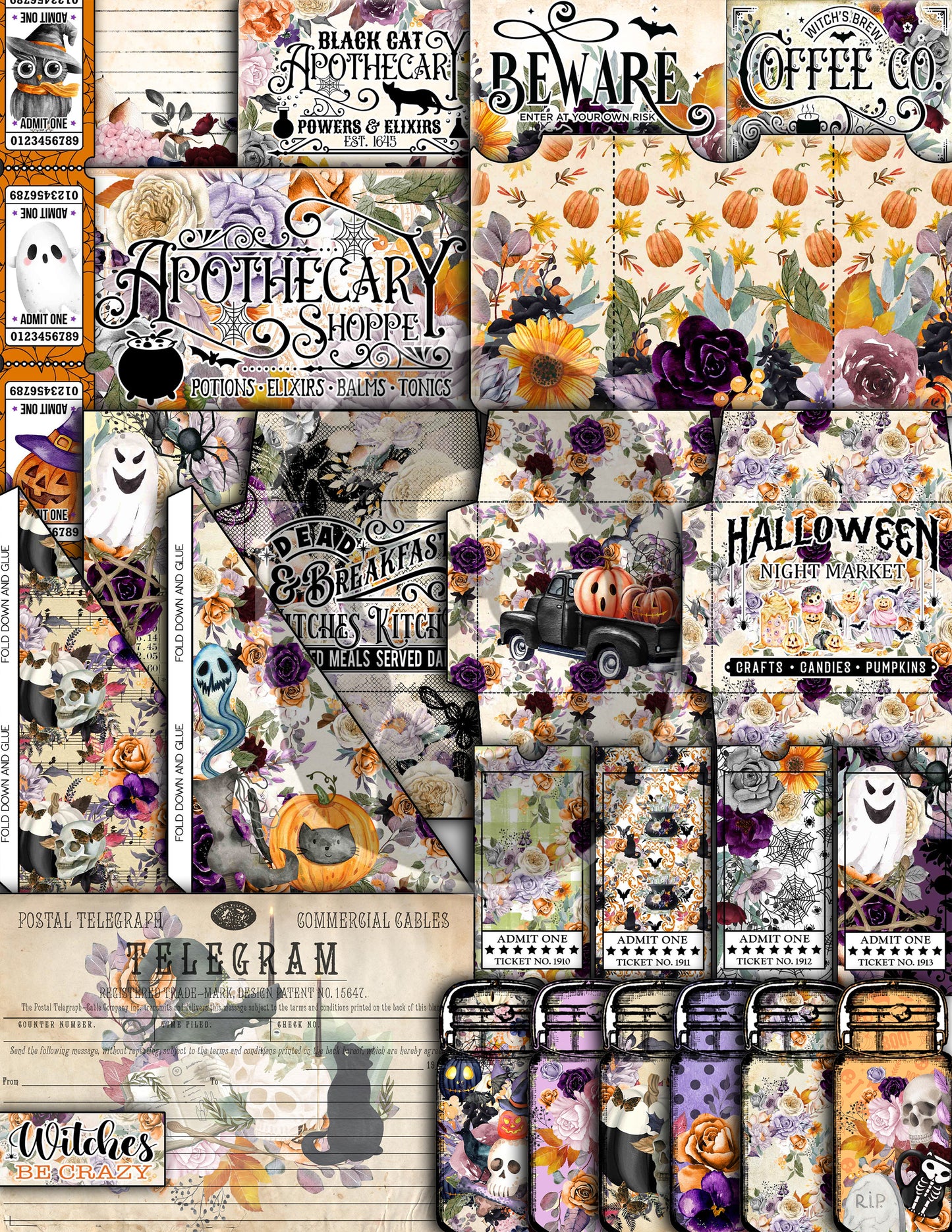 Halloween Junk Journal Kit, Halloween Ephemera -40pg Digital Download- Journaling Pages, Lined Paper, Labels, Tags, Cards, Envelopes, Jars