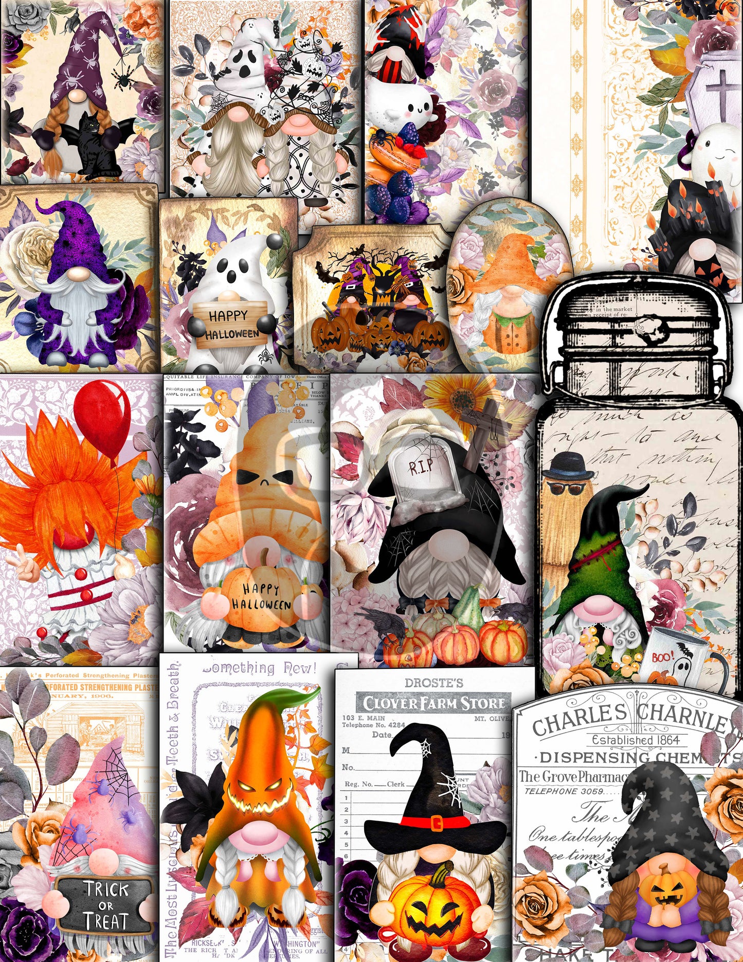 Halloween Gnome Junk Journal Kit, Halloween Ephemera -40pg Digital Download- Journaling Pages, Lined Paper, Labels, Tags, Cards, Envelopes