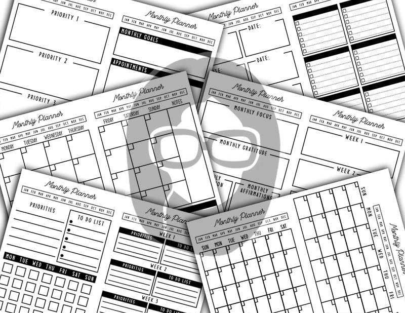 Junk Journal Planner, Undated Monthly Calendar -66pg Digital Download- Personal Planner, Ink Saver, Ink Saving, Black And White, Bundle Kit