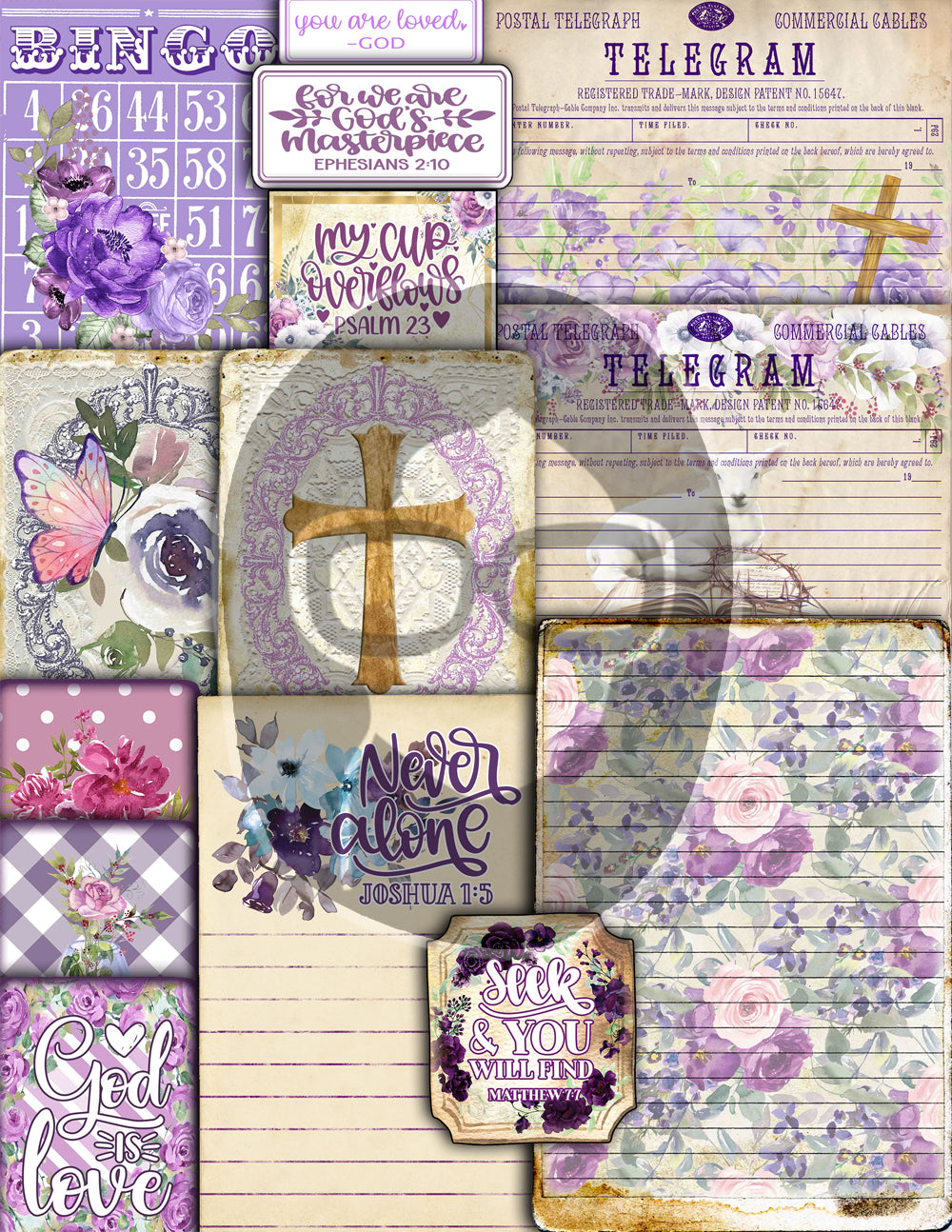 Faith Junk Journal Kit, Scripture Ephemera, Purple Junk Journal Kit-40pg Digital Download- Religious Cards, Prayer Quotes, Bible Verse Cards