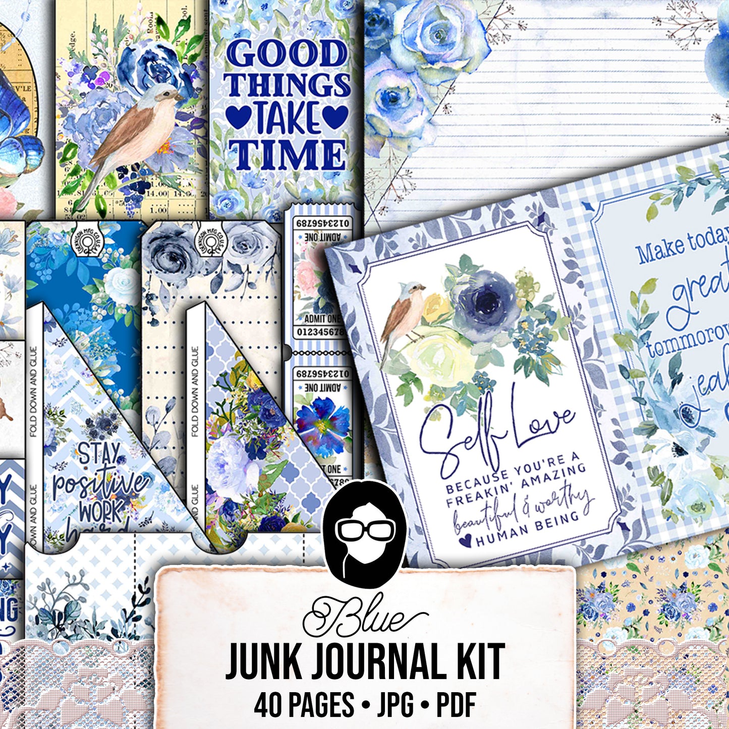 Blue Digital Paper, Printable Journal Bundle -40pg Digital Download- Affirmations Kit, Positive Quotes, Journaling Ephemera, For Women