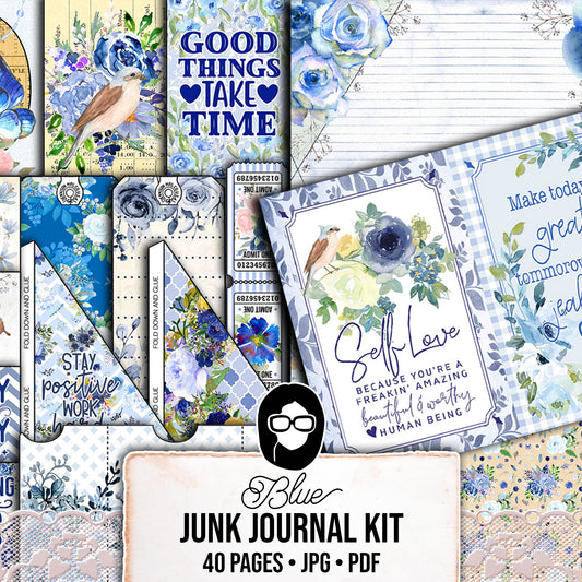 Blue Digital Paper, Printable Journal Bundle -40pg Digital Download- Affirmations Kit, Positive Quotes, Journaling Ephemera, For Women