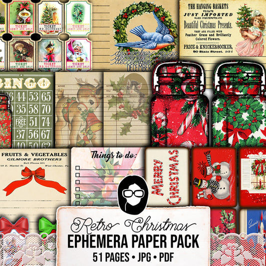 Junk Journal Ephemera Pack, Journaling Bundle -51pg Digital Download- Christmas Printables, Vintage Santa, Starter Kit, December Daily Kit