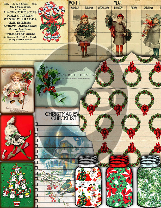 Junk Journal Ephemera Pack, Journaling Bundle -51pg Digital Download- Christmas Printables, Vintage Santa, Starter Kit, December Daily Kit