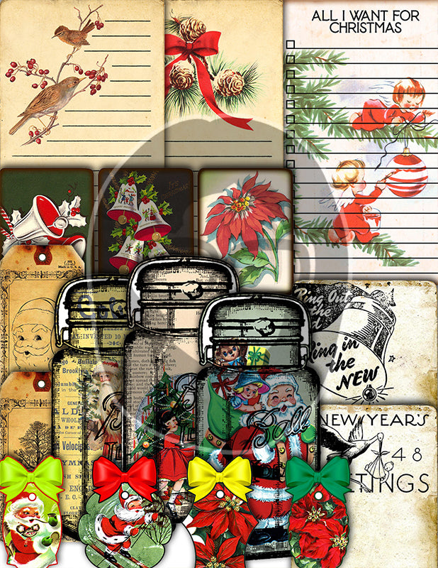 Junk Journal Ephemera Pack, Journaling Bundle -51pg Digital Download- Christmas Printables, Vintage Santa, Starter Kit, December Daily Kit