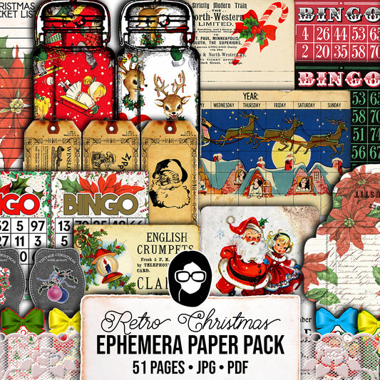Christmas Ephemera, Junk Journal Kit -52pg Digital Download- Tags, Jars, Note Cards, To do List, Retro Santa Claus, December Daily Kit