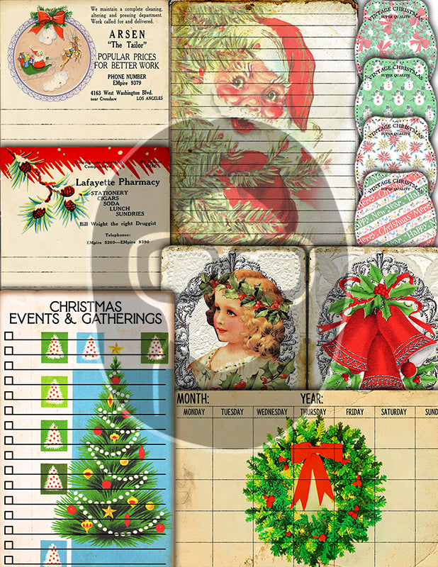 Christmas Junk Journal Ephemera, Scrapbook Bundle -52pg Digital Download- Retro Santa Claus, Envelopes, Jars, Note Cards, Tickets, Cards