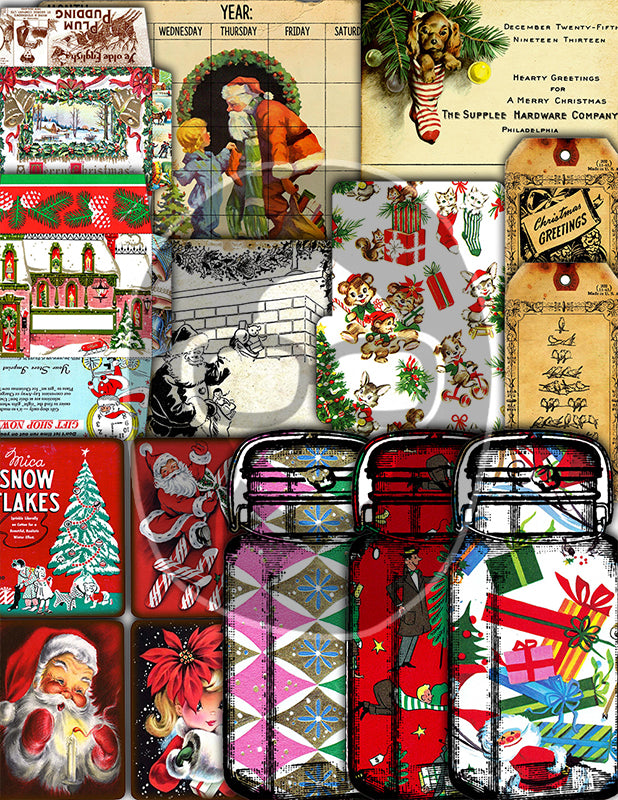 Christmas Junk Journal Ephemera, Scrapbook Bundle -52pg Digital Download- Retro Santa Claus, Envelopes, Jars, Note Cards, Tickets, Cards