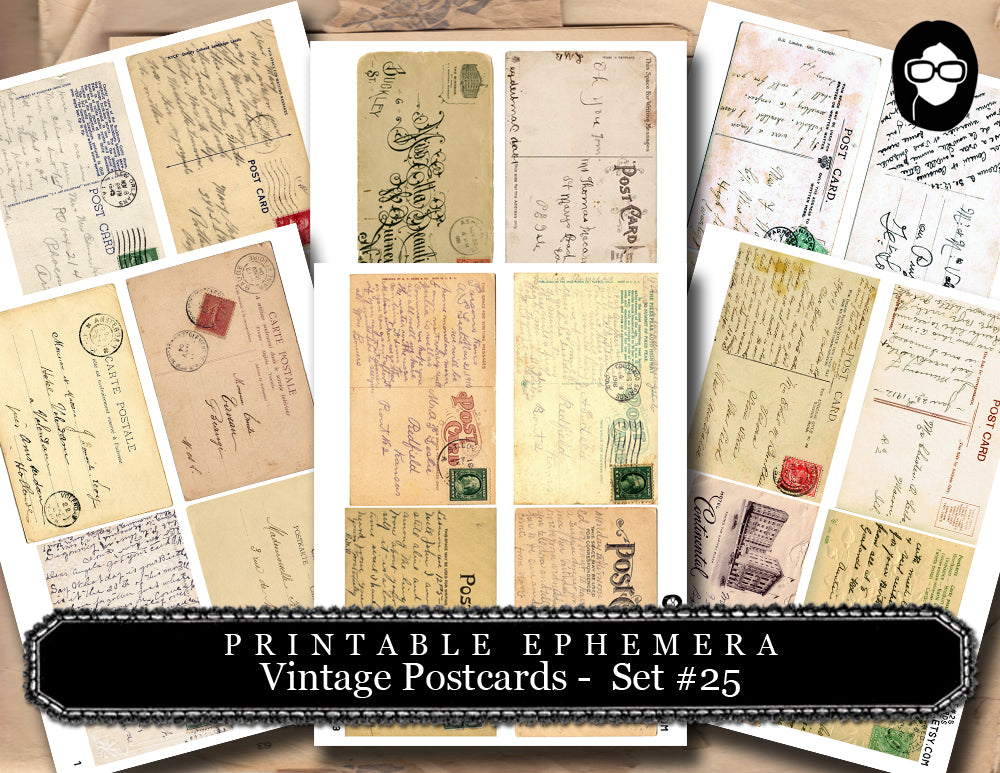 Ephemera Paper Pack - Vintage Postcards Set #25 - 15 Pg Instant Download - blank journal cards, digital journal kits, post card template
