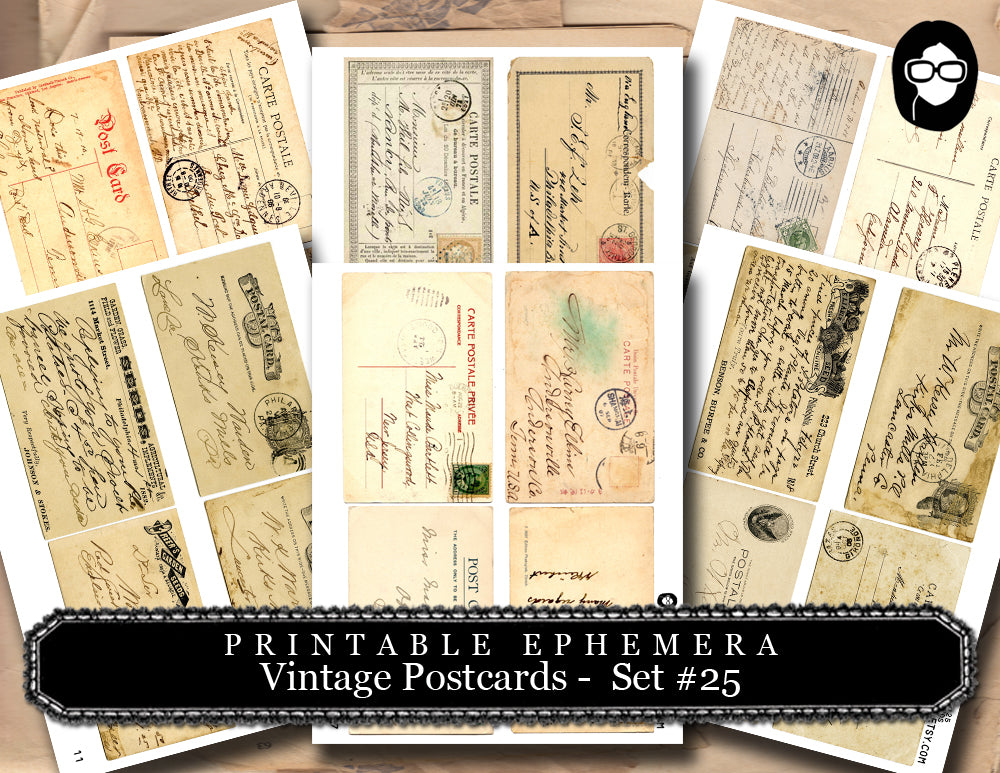 Ephemera Paper Pack - Vintage Postcards Set #25 - 15 Pg Instant Download - blank journal cards, digital journal kits, post card template