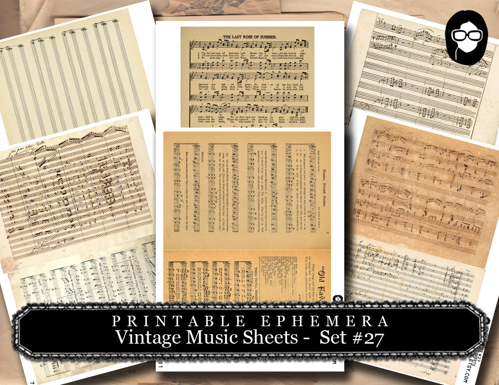 Ephemera Paper Pack - Vintage Music Sheet Set #27 - 25 Pg Instant Download - blank journal cards, digital journal kits, junk journal pages