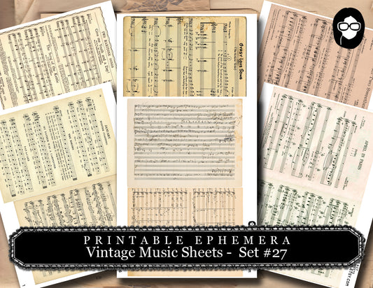 Ephemera Paper Pack - Vintage Music Sheet Set #27 - 25 Pg Instant Download - blank journal cards, digital journal kits, junk journal pages