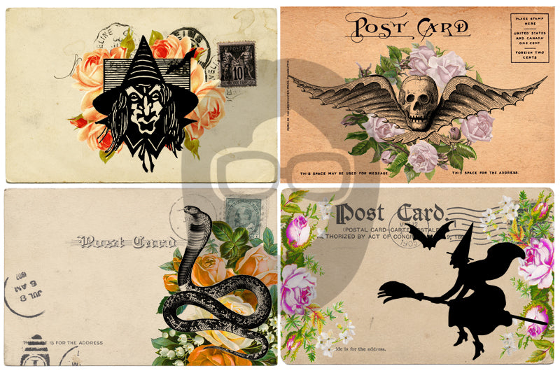Halloween Cliparts - Halloween Postcards #1 - 2 Page Instant Download - spooky digital paper, journaling cards, clip art halloween