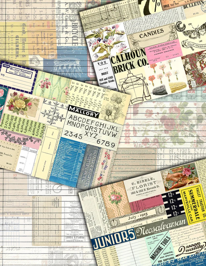 Junk Journal Digital Papers, Ephemera Background -24pg Digital Download- Vintage and Retro, Collage Sheets, Scrapbook Papers, Lined Paper