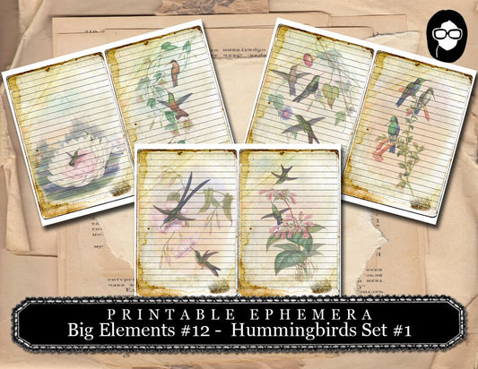 Altered Art Kit - Big Elements #12 Hummingbirds #1 - 3 Pg Instant Download - journal cards, digital journal card, floral clipart