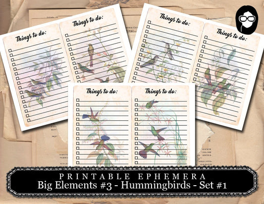 Altered Art Kit - Big Elements #3 - Hummingbirds 1 - 3 Pg Instant Download - to do list, journal cards, digital journal card, floral clipart