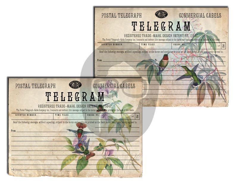 Altered Art Kit - Telegram - Hummingbirds #1 - 3 Pg Instant Download - journal cards, digital journal card, floral clipart, telegraph