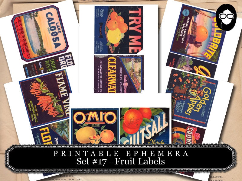 Ephemera Pack - Printable Ephemera Set #17 - Fruit Labels - 25 Page Instant Download - junk journal kit, fruit art, ephemera paper pack