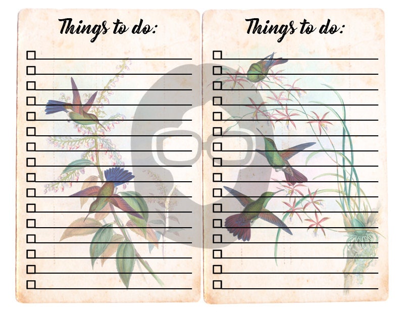 Altered Art Kit - Big Elements #3 - Hummingbirds 1 - 3 Pg Instant Download - to do list, journal cards, digital journal card, floral clipart