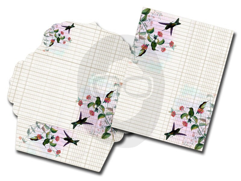 Envelope Template & Insert -  Humming Birds Set # 21 - 8 Page Instant download, printable envelope, mixed media art kit, clipart floral,