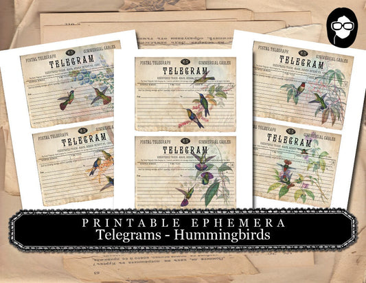 Altered Art Kit - Telegram - Hummingbirds #1 - 3 Pg Instant Download - journal cards, digital journal card, floral clipart, telegraph