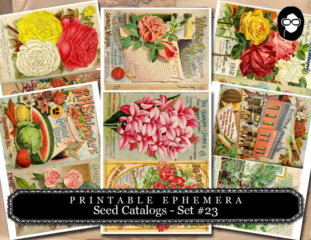 Ephemera Paper Pack - Printable Ephemera Set # 23 - Seed Catalogs - 30 Pg Instant Download - blank journal cards, roses clipart floral